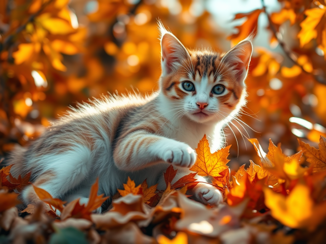 cat playing in autumn leaves