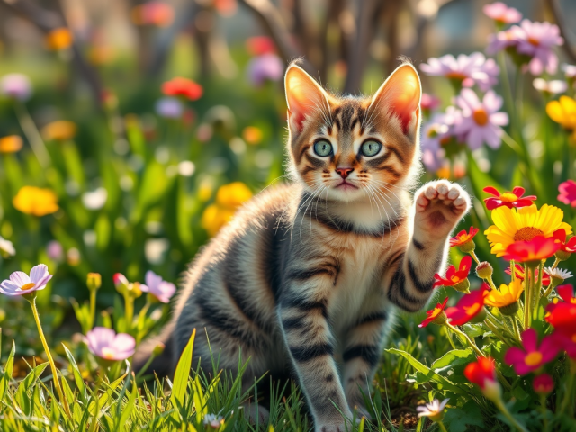 Cat among spring flowers